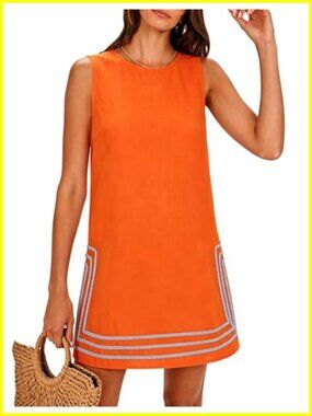 Linen Blend Sleeveless Crewneck A-Line Mini Dress with Keyhole Back, Summer